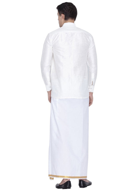 Vastramay Men's White Cotton Silk Blend Shirt and Dhoti Set